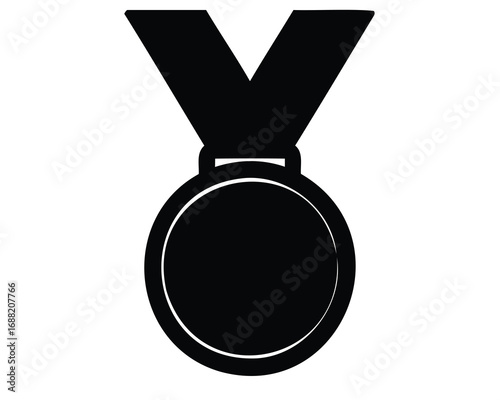 Black silhouette of an award medal with ribbon on a white background