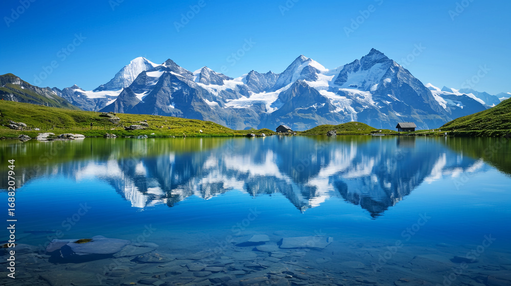 Naklejka premium Snow-capped peaks of the Swiss Alps reflected in a crystal-clear alpine lake.