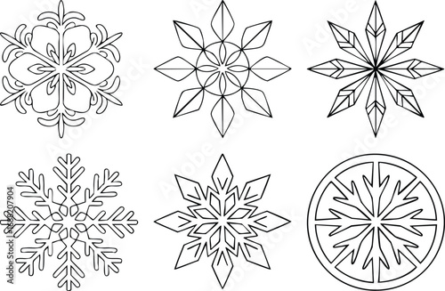 Six intricate snowflake mandalas coloring page artistic designs for winter fun white background