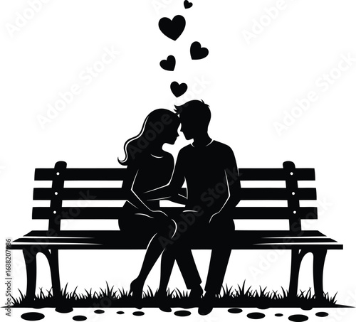 Silhouette couple sitting on park bench sharing romantic moment with hearts floating above vector