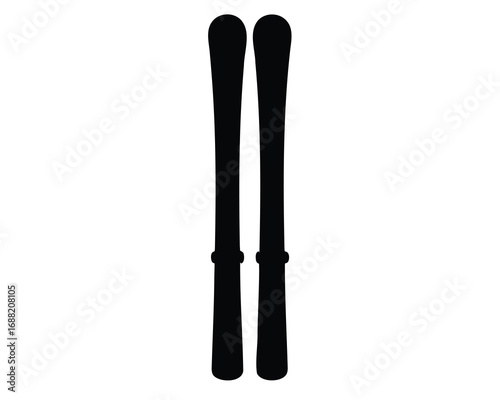 Black silhouette image of two skis standing side by side for downhill