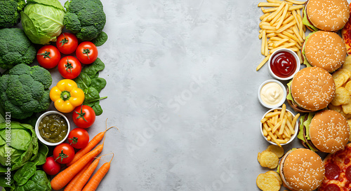 Wallpaper Mural Healthy vs Unhealthy Food Comparison on a Gray Background Torontodigital.ca