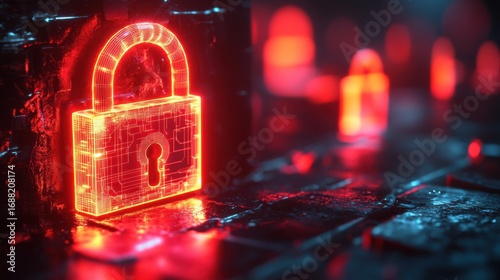 Futuristic abstract 3D wireframe padlock glowing with neon edges against a dark gradient backdrop, showcasing advanced technology and secure digital concepts