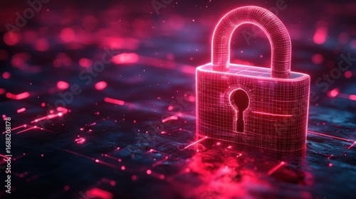 A 3D wireframe padlock with bright neon edges appears against a dark gradient background, emphasizing security and modern technology. The composition allows for ample copy space.