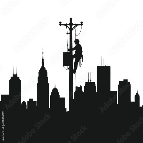 Silhouette of lineman working on utility pole against city skyline