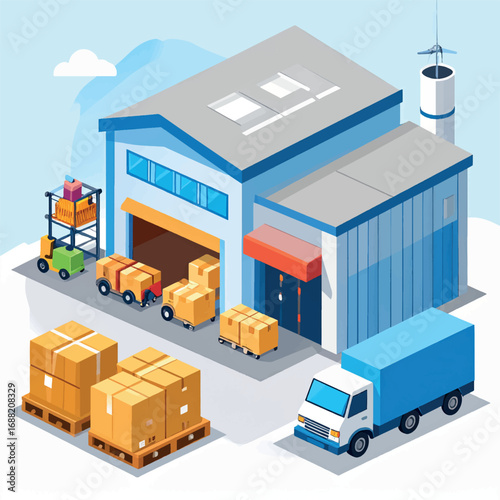 Isometric illustration of a modern warehouse with loading dock, boxes, and a delivery truck.