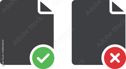 Two document icons checkmark and cross symbol decision choice approval rejection status vector