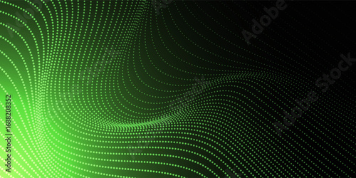 Abstract halftone dots background with green and black defocused revolving motion blur swirl pattern. 3D illustration backdrop template with copy space for blockchain technology product showcase. 