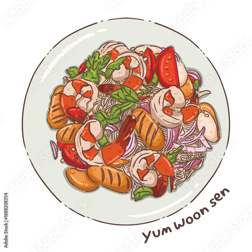 Hand-Drawn Thai Glass Noodle Salad (Yum Woon Sen) Illustration