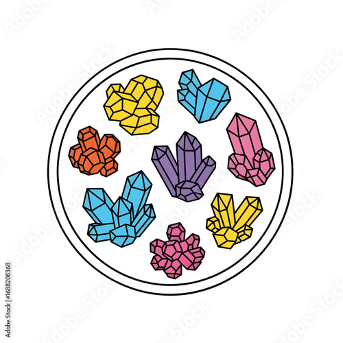 Colorful Crystal Cluster Arrangement Inside Circular Frame Illustration With Pastel Hues and Geometric Shapes Against White Background