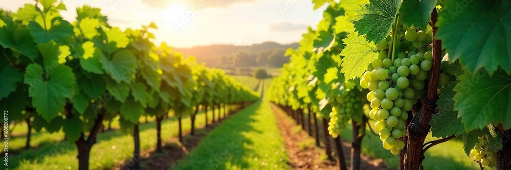 Fototapeta premium Lush green grapevines laden with ripening grapes hang heavy on the vine, bathed in warm sunlight A picturesque view of a thriving vineyard in full summer splendor , plant, sunny, agriculture