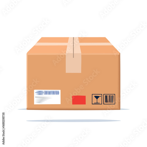 Sealed cardboard shipping box with labels and tape.