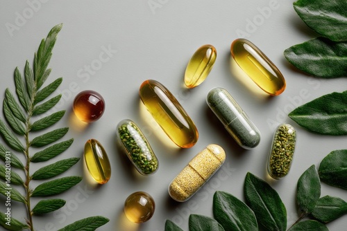 Assorted capsules and herbs on gray background