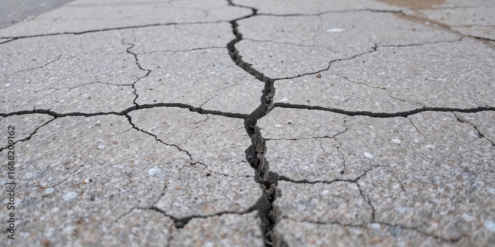 Obraz premium Close-up view of gray cracked pavement illustrating urban wear and natural distress. Ideal for text and graphics