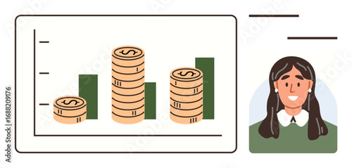 Bar chart with coins representing financial growth alongside a smiling woman icon. Ideal for finance, business, investment, career growth, data analysis, entrepreneurship, and economy themes. Simple