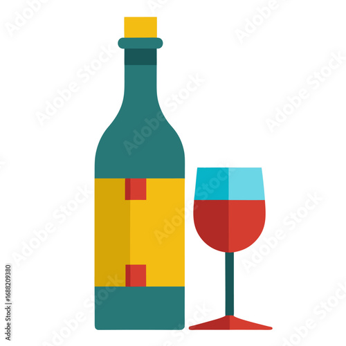 Minimalist color vector art of a wine bottle and glass