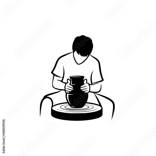 A minimalist black silhouette logo design of a potter at a wheel, expertly crafting a clay vase icon