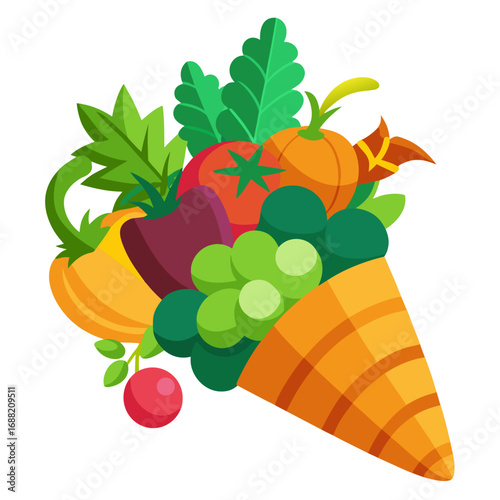 Colorful vector illustration of a cornucopia overflowing with fresh vegetables