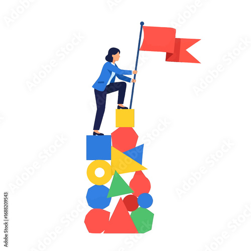Woman Stands on Geometric Shape Tower Holding Red Flag Against a White Background Leadership Concept Illustration
