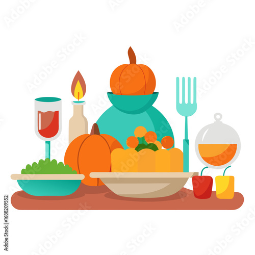 Colorful thanksgiving dinner tableware elements for festive celebrations