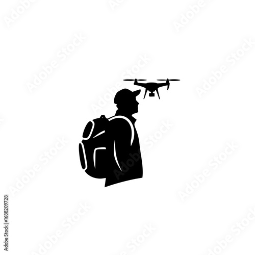 Minimalist Black Silhouette Logo of a Person with a Backpack Controlling a Drone