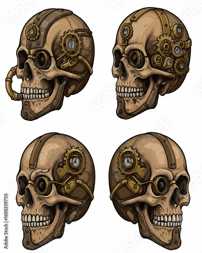 Detailed steampunk vector illustration depicting human skulls adorned with brass gears, cogs, and metallic filigree elements.