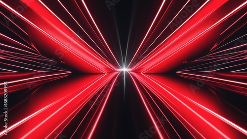 A vibrant, futuristic tunnel design with radiating, diagonal red and black lines converges to a central point, evoking a sense of speed and energy.