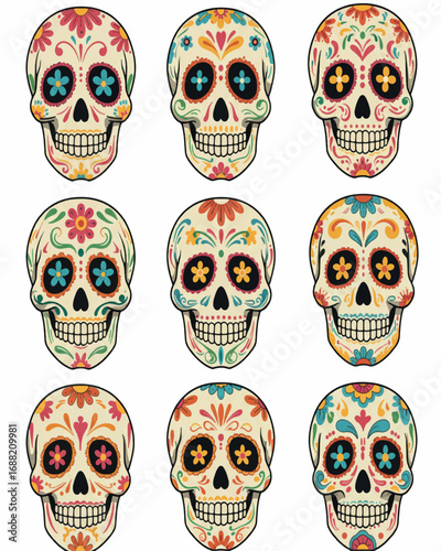 Vibrant vector collection of "Day of the Dead" sugar skulls, intricately adorned with traditional Mexican folk art patterns and bright flowers.