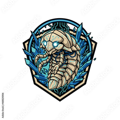 A robotic insect creature with glowing blue eyes in a crystal-filled emblem.
