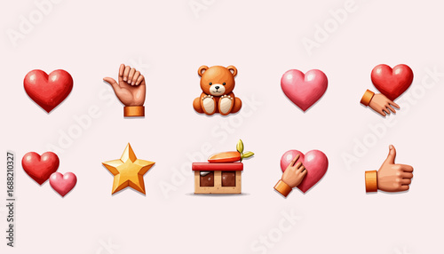 Colorful Assortment of Heart Emoticons with Teddy Bear, Thumbs Up, and Star on Light Background for Creative Communication Expression