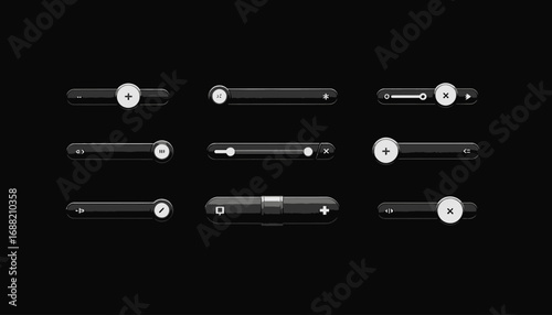 Set of Eight Modern Dark-Themed Media Control Buttons Featuring Play, Pause, Volume, and Navigation Icons on a Sleek Black Background with Minimalist Design