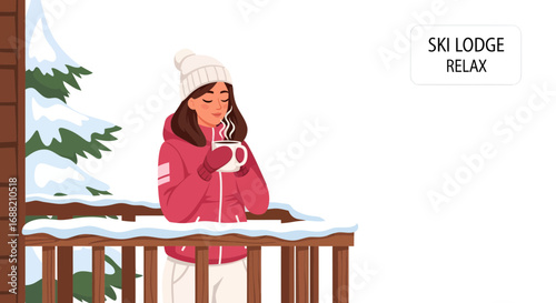 A serene woman enjoying a hot beverage on the balcony of a cozy mountain cabin during a peaceful winter morning