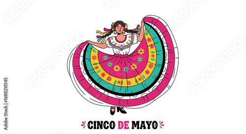 Vibrant vector art of a female folklorico dancer with a swirling skirt for a festive Latin American holiday celebration