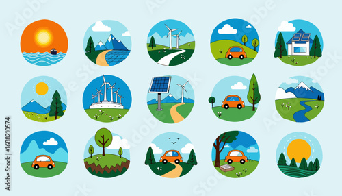 Illustrative Collection Depicting Renewable Energy and Sustainable Transportation in Diverse Natural Landscapes with Solar and Wind Energy Sources
