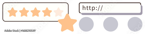 Five-star rating scale with highlighted stars and large star icon, search bar with URL input, and circular buttons. Ideal for feedback, online review, user interface, web design, customer experience