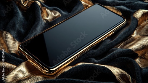 Luxury smartphone featuring a golden frame resting elegantly on a black velvet backdrop, highlighting premium design and offering ample branding space