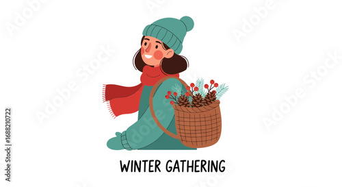 A charming cartoon girl in warm winter clothes carries a wicker basket filled with collected pinecones and festive red berries