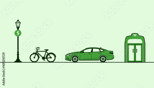 Illustration of sustainable urban transportation featuring bicycle, electric car, lamp post with green icon, and public transportation booth on a light green background