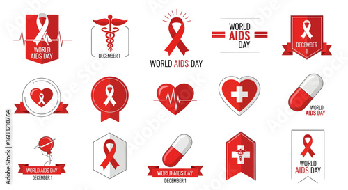 A diverse collection of graphic icons and emblems for the World AIDS Day awareness campaign, featuring the red ribbon and medical symbols