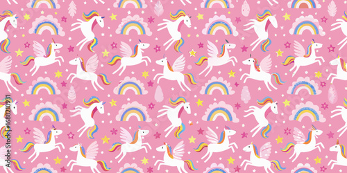 Whimsical seamless pattern featuring flying white unicorns with rainbow manes and tails and colorful clouds and stars on a pink background