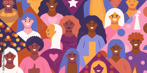 Diverse group of smiling people with different skin tones and hair colors in a vibrant geometric pattern