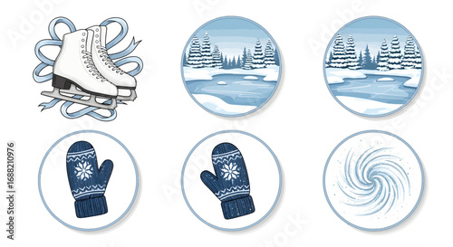 Winter Sports and Landscapes A Set of Round Stickers for Decoration