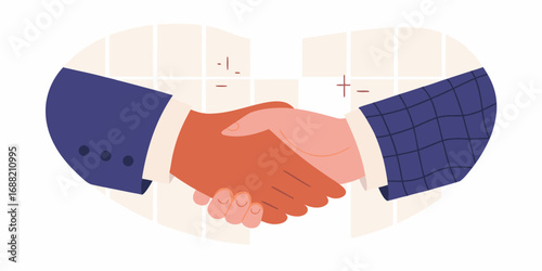 Two business people shaking hands in agreement with plus and minus symbols in the background