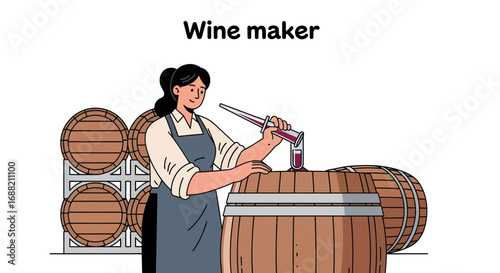 Professional winemaker checking the quality of red wine aging in a wooden oak barrel. Oenologist at work in a cellar, vector illustration
