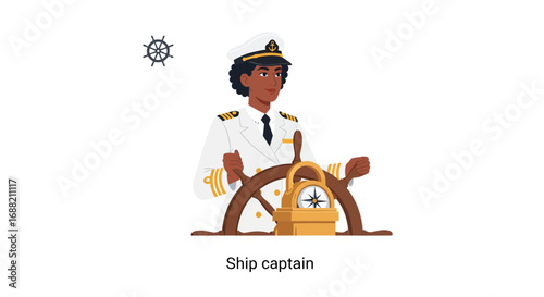 A cartoon illustration of a female ship captain in a white uniform steering a vessel with a wooden helm. Professional maritime navigation concept