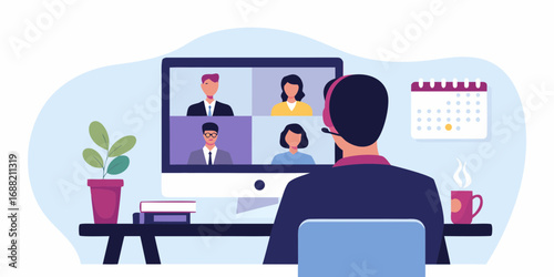 Man wearing headset participates in a video conference call with colleagues on a computer screen