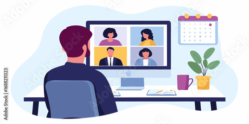 Man on a video conference call with colleagues working from home attending a virtual meeting