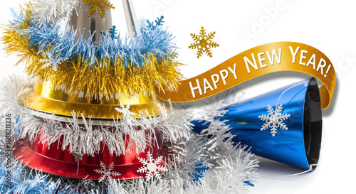 A vibrant mix of holiday party favors including colorful hats and a horn to welcome the Happy New Year, isolated on a white background
