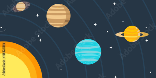 Stylized solar system with sun and planets in orbit against a dark starry sky