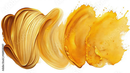Abstract Gold Paint Swirls and Splatter on White Background image photo